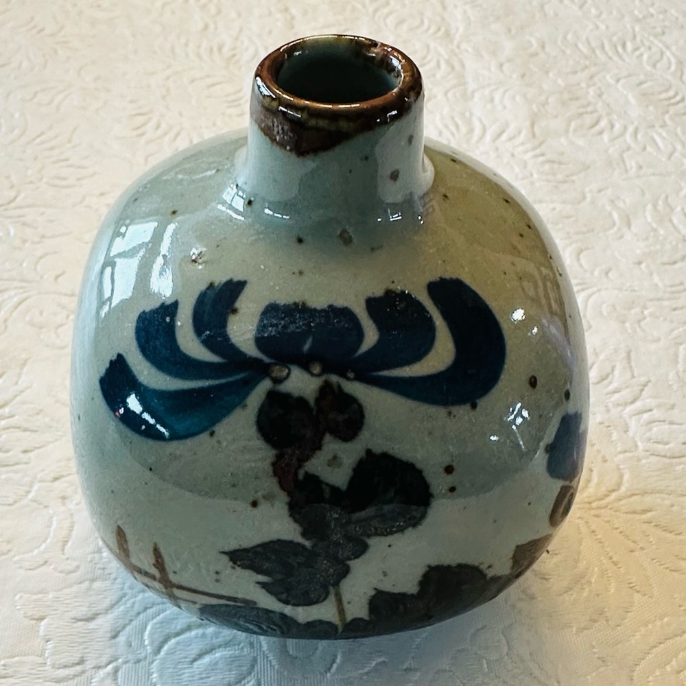 Vintage Small Pottery Brown And Blues Glazed Stoneware Vase, Japan